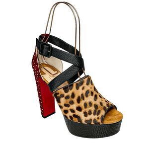Christian Louboutin Bingirl Plume Leopard Platform Studded Sandal Heel 130 EU 39